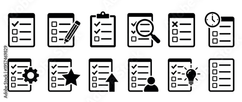 Checklist icons collection for task management, project planning, and business organization, representing various stages of completion and action.
