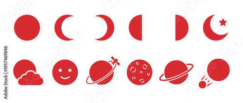 Collection of red celestial bodies and space icons including moons, planets, sun, and comet in a flat design style.