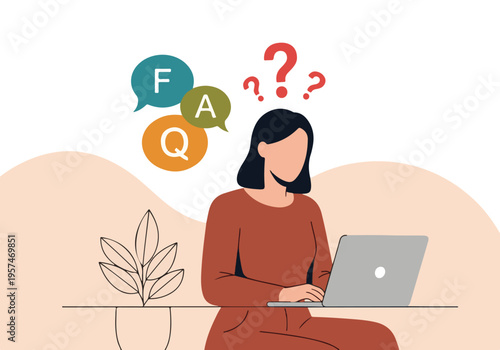 Woman searching for answers online, FAQ and customer support concept