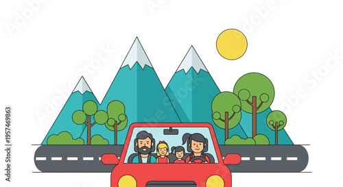 Family enjoying a road trip in a red car.