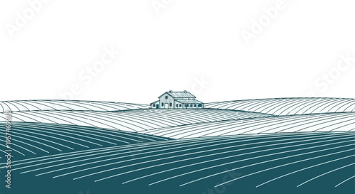 Minimalist farm landscape with barn and rolling fields illustration