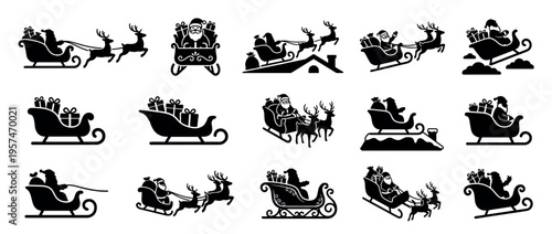 Santa Claus sleigh and reindeer with gifts, a collection of festive Christmas holiday silhouettes for seasonal design elements and winter celebrations.