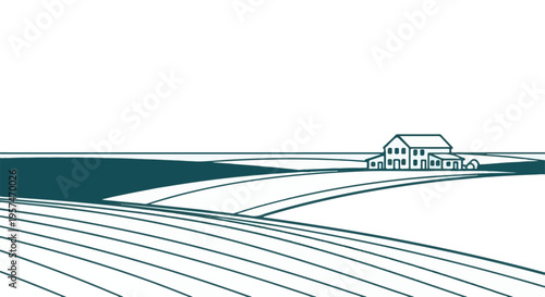 Minimalist farm landscape illustration with house and rolling fields