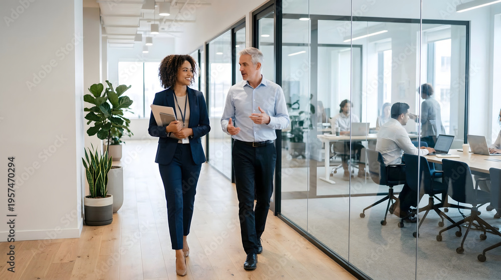 © solom - diverse business colleagues walking and talking in modern glass office corridor with professional team working in background meeting room during corporate workday morning