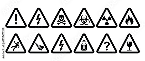 Danger warning signs collection with various hazard symbols indicating potential risks and safety precautions.