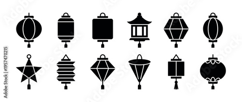 Traditional Asian lanterns icon set showcasing diverse shapes and designs, suitable for festive events and cultural themes.