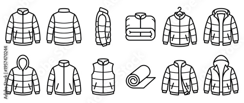 Puffer jackets and vests icons in various styles for winter clothing and outdoor adventure gear illustrations.