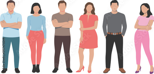 Diverse group of illustrated people standing together, casual and semi‑formal clothing styles, multicultural representation, teamwork, fashion, diversity, character design