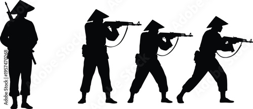 Asian soldiers silhouettes wearing conical hats, armed infantry aiming rifles in combat poses, military defense forces, security operations isolated background