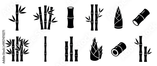 Collection of bamboo plant elements including stalks, leaves, and shoots rendered as minimalist black silhouettes.