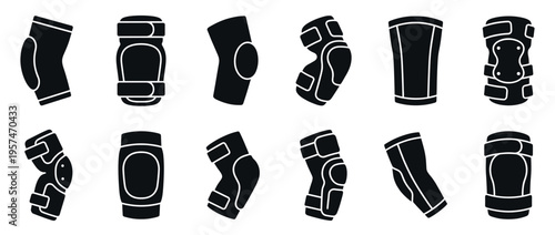 Knee and elbow pads collection of protective sports gear icons for safety during various activities.