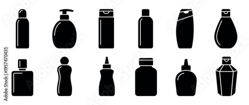 Collection of various black silhouette icons representing cosmetic and hygiene product bottles for beauty and personal care packaging design