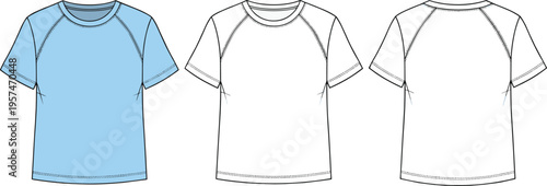 raglan sleeve t shirt mockup, front and back views, casual apparel template, realistic clothing garment design illustration for fashion