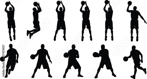 basketball, silhouettes, players, sport, action, dribbling, shooting, jumping, athlete, game, ball, black, vector, illustration, isolated, white, background, collection, set, dynamic