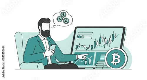 Man with smartphone analyzing cryptocurrency market charts for profit