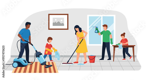Family working together to clean their home.