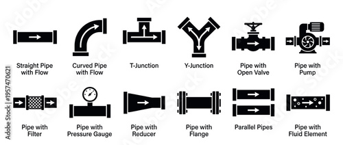 Piping system components icons showing different types of pipes, junctions, valves, pumps, filters, and gauges for fluid flow applications.