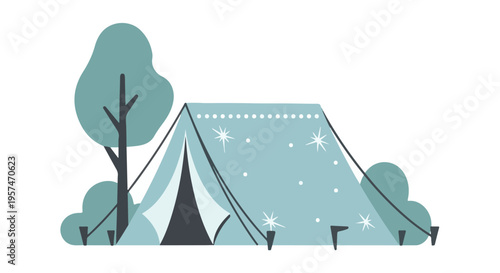 Stylized camping tent in a natural setting with tree and bushes, outdoor leisure
