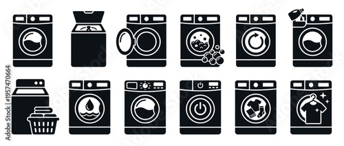 Washing machine icons set illustrating various laundry processes and appliance types in a modern flat design style.