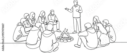 people sitting around campfire with speaker