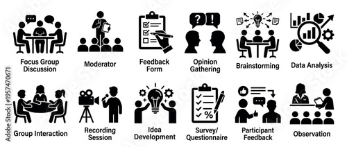 Collection of business, research, and communication process icons illustrating various methods for data gathering, analysis, and idea development in a professional setting.