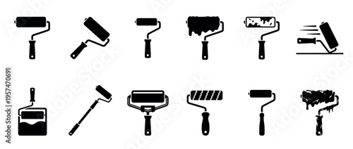 Collection of paint rollers in different styles and conditions, representing tools for painting, decorating, and home improvement.