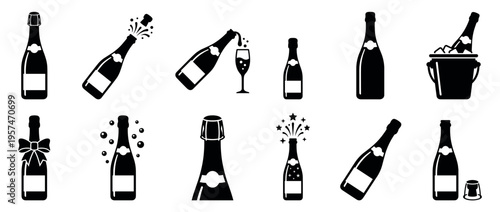 Collection of champagne bottles and sparkling wine icons representing celebration, luxury, and festive events.