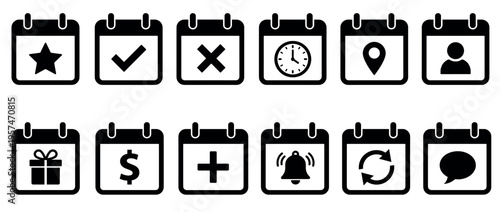 Calendar icons set with various symbols for scheduling, event management, reminders, and task tracking, representing different daily activities.