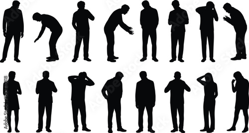 Silhouette collection of people in stress, sadness, contemplation, introspection, emotional posture, human body language, psychology, depression, anxiety illustration
