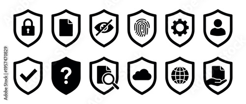 Security shield icons set with various symbols representing data protection, privacy, cybersecurity, and digital safety concepts.