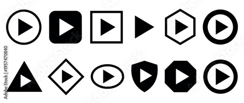 Play button icons collection for media player controls, video streaming, and audio playback applications.