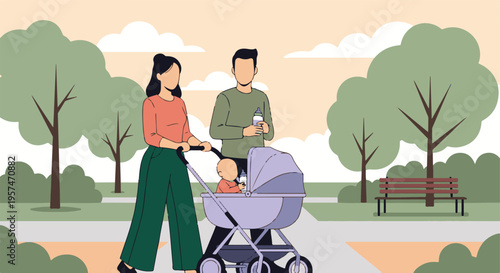 Parents walking with baby in stroller in a park, enjoying family time outdoors