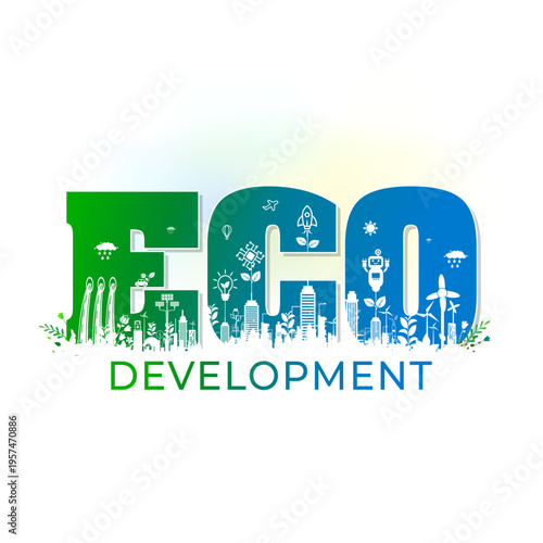 Logo design Eco Development with ecology concept, green energy technology and sustainable futuristic building city background.