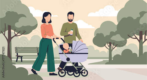 Parents pushing baby stroller with two infants in a public park
