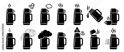 Thermos flask hot beverage icons collection featuring various states of hot drinks, steam, and pouring liquid for design elements.