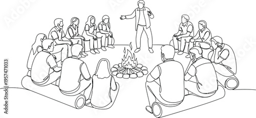 group of people sitting around a campfire