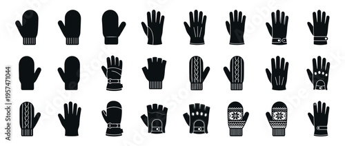 Set of different types of gloves and mittens, including winter, driving, and fingerless styles, presented as black silhouette icons.