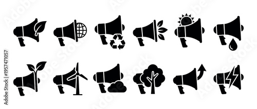 Environmental megaphone icons representing various ecological concepts like sustainability, green energy, recycling, and climate change communication.