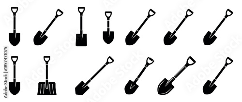 Shovel and spade icons set featuring various digging tools for gardening, construction, and landscaping projects.