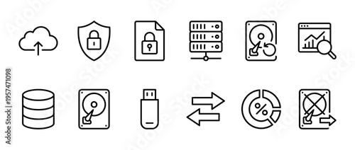 Data storage security network icons collection representing cloud computing, server management, file protection, and digital information transfer concepts.