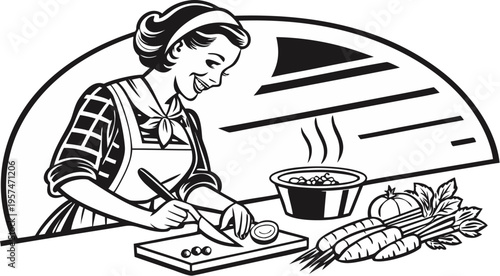 Woman cooking in kitchen vintage engraving retro illustration.
Black and white vintage engraving illustration of a cheerful retro housewife cooking in a kitchen.
