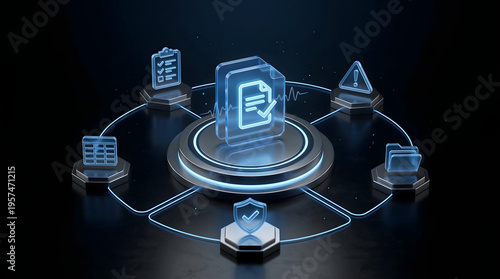 abstract 3d digital illustration of secure document management system with glowing neon blue glass icons for file storage data security compliance and information technology