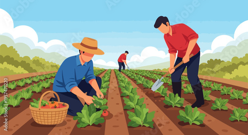 Farmers working in a field, cultivating crops and harvesting produce.