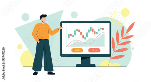 Man analyzing stock market trends on computer screen with buy and sell options