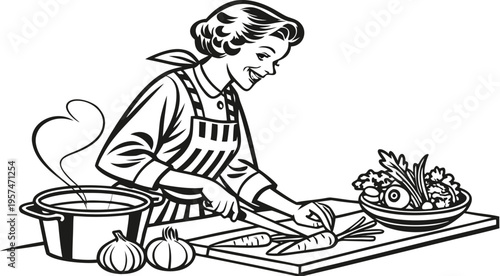 Woman cooking in kitchen vintage engraving retro illustration.
Black and white vintage engraving illustration of a cheerful retro housewife cooking in a kitchen.
