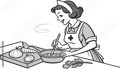Woman cooking in kitchen vintage engraving retro illustration.
Black and white vintage engraving illustration of a cheerful retro housewife cooking in a kitchen.
