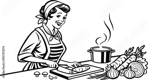 Woman cooking in kitchen vintage engraving retro illustration.
Black and white vintage engraving illustration of a cheerful retro housewife cooking in a kitchen.
