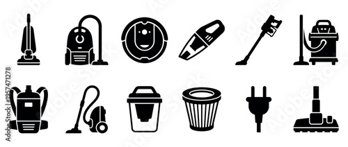 Collection of vacuum cleaner icons representing various types of cleaning equipment and household appliances for floor care and maintenance.