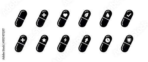 Collection of black capsule icons with various symbols representing health, wellness, and medical concepts for design elements.