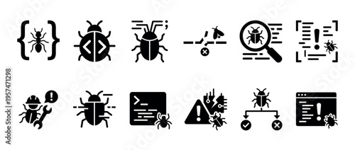 Software bug icons, debugging process, and programming error symbols representing various stages of code development, testing, and problem-solving in a digital environment.